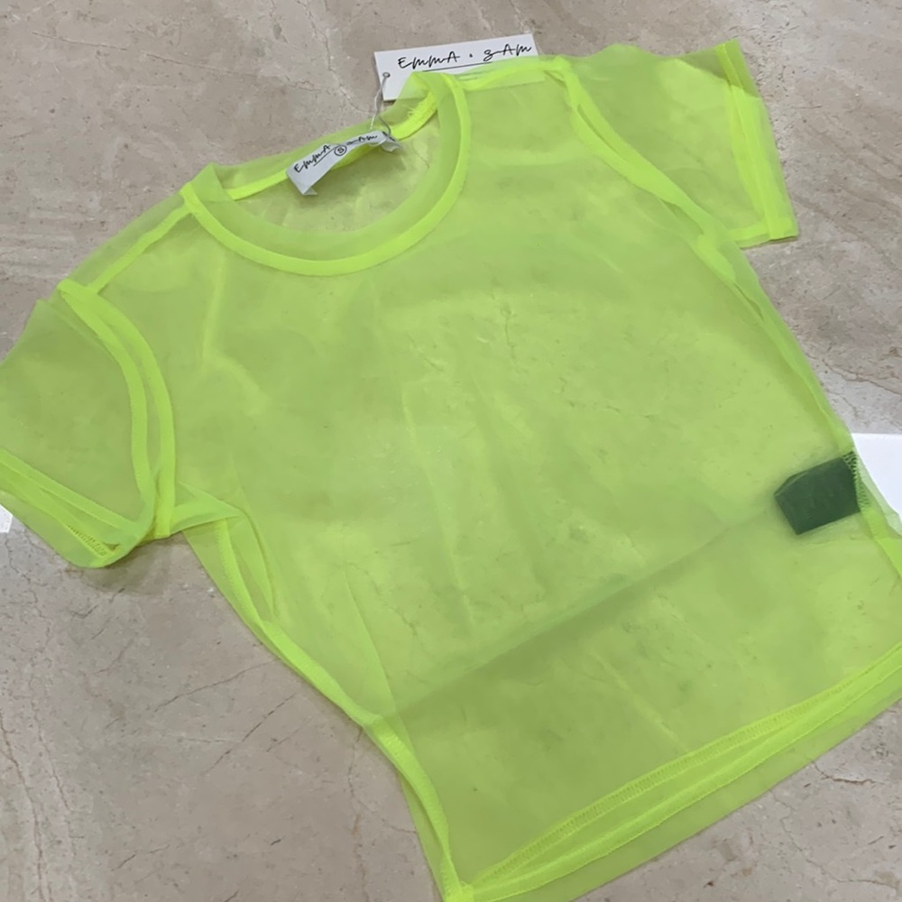 EMMA & SAM MESH CROPPED SHORT SLEEVE TOP LAYERING IN NEON LEMON SZ SMALL - Picture 9 of 14